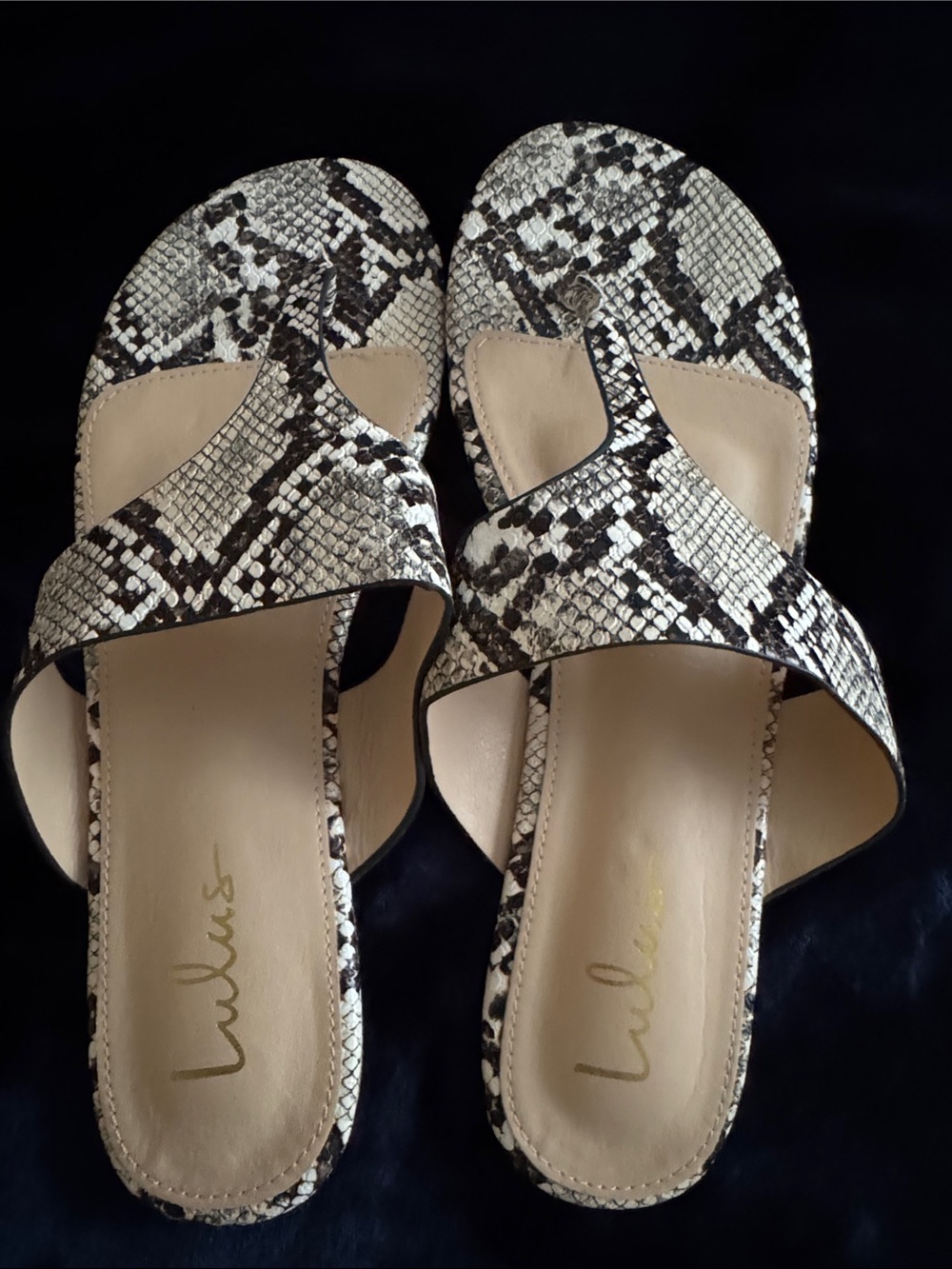 Lulu's Black and Cream Snake-Print Slide Sandals